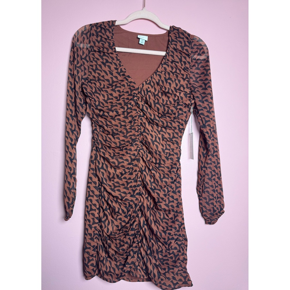A New Day Rust Brown Black Geometric Mesh Ruched Mini Dress XS NWT